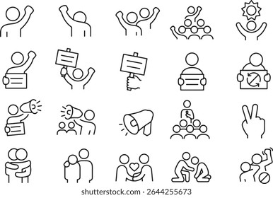 Thin line icon set of protest demonstration activism solidarity unity community crowd. Pixel perfect icons, editable stroke.