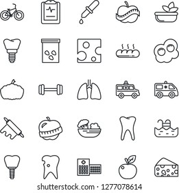 Thin Line Icon Set - pumpkin vector, seeds, dropper, ambulance car, barbell, bike, lungs, tooth, caries, implant, pulse clipboard, diet, hospital, pool, salad, bread, rolling pin, omelette, cheese