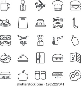 Thin Line Icon Set - pumpkin vector, diet, coffee, fridge, waiter, cook, dish, hat, wine card, reserved, salt and pepper, cafe building, open close, chicken, hamburger, ladle, cutting board, turkish