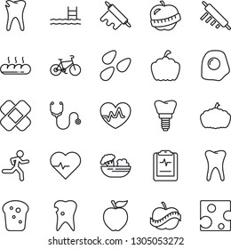 Thin Line Icon Set - pumpkin vector, seeds, heart pulse, stethoscope, patch, bike, run, tooth, caries, implant, clipboard, diet, pool, salad, bread, rolling pin, omelette, apple fruit, cheese