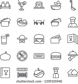 Thin Line Icon Set - pumpkin vector, diet, cook, cafe, wine card, reserved, cocktail, phyto bar, salad, waiter, salt and pepper, building, table, dress code, alcove, credit, hamburger, ladle