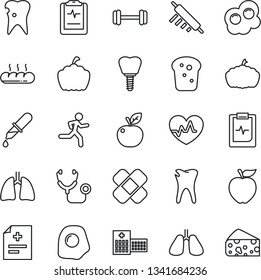 Thin Line Icon Set - pumpkin vector, heart pulse, diagnosis, stethoscope, dropper, patch, barbell, run, lungs, caries, implant, clipboard, hospital, bread, rolling pin, omelette, apple fruit, cheese