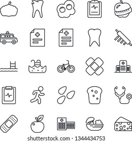 Thin Line Icon Set - pumpkin vector, seeds, diagnosis, stethoscope, patch, ambulance car, bike, run, tooth, caries, pulse clipboard, diet, hospital, pool, salad, bread, rolling pin, omelette, cheese