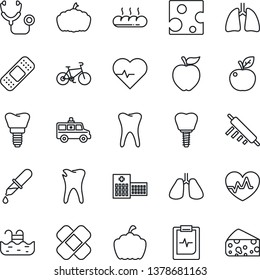 Thin Line Icon Set - pumpkin vector, heart pulse, stethoscope, dropper, patch, ambulance car, bike, lungs, tooth, caries, implant, clipboard, hospital, pool, bread, rolling pin, apple fruit, cheese