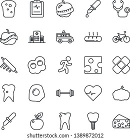 Thin Line Icon Set - pumpkin vector, heart pulse, stethoscope, dropper, patch, ambulance car, barbell, bike, run, caries, implant, clipboard, diet, hospital, bread, rolling pin, omelette, cheese