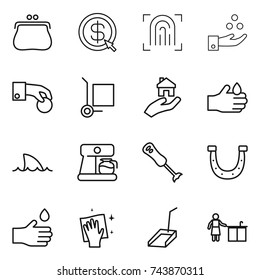 thin line icon set : purse, dollar arrow, fingerprint, chemical industry, hand coin, cargo stoller, real estate, acid, shark flipper, coffee maker, blender, horseshoe, drop, wiping, scoop