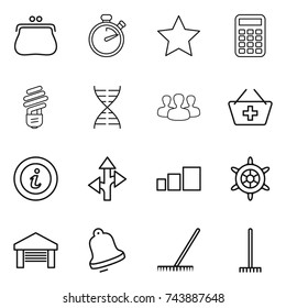 thin line icon set : purse, stopwatch, star, calculator, bulb, dna, group, add to basket, info, route, sorting, handwheel, garage, bell, rake