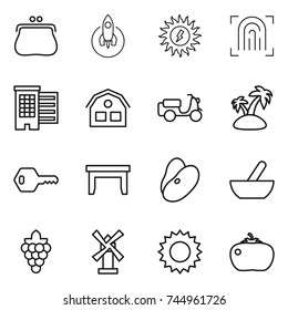 thin line icon set : purse, rocket, sun power, fingerprint, houses, house, scooter shipping, island, key, table, beans, mortar, grape, windmill, tomato