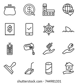 thin line icon set : purse, dollar arrow, mansion, delivery, tax, mobile checking, handwheel, shark flipper, remote control, mixer, harvest, hand leaf, scraper, scoop, cleanser powder, housing
