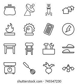thin line icon set : purse, satellite antenna, dna modify, houses, flammable, alarm, inflatable mattress, electricity, stool, chair, repair tools, slippers, kitchen scales, whisk, beet