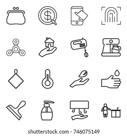 thin line icon set : purse, dollar arrow, touch, fingerprint, spinner, real estate, mixer, coffee maker, rag, thermometer, hand leaf, drop, scraper, liquid soap, dryer, kitchen cleaning