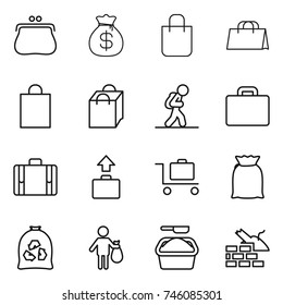 thin line icon set : purse, money bag, shopping, tourist, suitcase, baggage, trolley, flour, garbage, trash, washing powder, construct