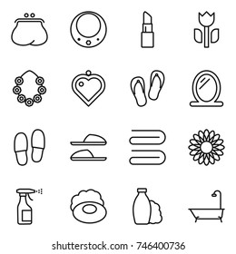 thin line icon set : purse, necklace, lipstick, perishable, hawaiian wreath, heart pendant, flip flops, mirror, slippers, towel, flower, sprayer, soap, shampoo, bath