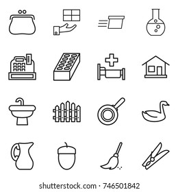 thin line icon set : purse, gift, delivery, round flask, cashbox, brick, hospital, home, sink, fence, pan, goose, jug, acorn, broom, clothespin