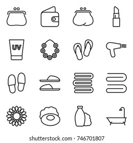 thin line icon set : purse, wallet, lipstick, uv cream, hawaiian wreath, flip flops, hair dryer, slippers, towels, towel, flower, soap, shampoo, bath