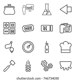 thin line icon set : purse, presentation, flask, left arrow, calculator, ticket, camera, golf, barometer, vegetable oil, cook hat, meat hammer, spikelets, gears, udder