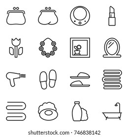 thin line icon set : purse, necklace, lipstick, perishable, hawaiian wreath, flower in window, mirror, hair dryer, slippers, towels, towel, soap, shampoo, bath