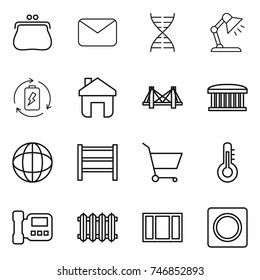 thin line icon set : purse, mail, dna, table lamp, battery charge, home, bridge, airport building, globe, rack, cart, thermometer, intercome, radiator, window, ring button