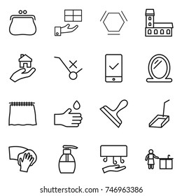 thin line icon set : purse, gift, hex molecule, mansion, real estate, do not trolley sign, mobile checking, mirror, curtain, hand drop, scraper, scoop, wiping, liquid soap, dryer, kitchen cleaning