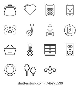 thin line icon set : purse, heart, calculator, phone wireless, eye identity, segway, hoverboard, battery charge, remove from basket, thermometer, chest of drawers, speaker, induction oven, trees