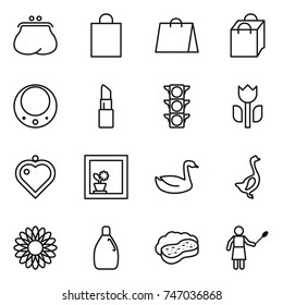 thin line icon set : purse, shopping bag, necklace, lipstick, traffic light, perishable, heart pendant, flower in window, goose, cleanser, sponge with foam, woman duster