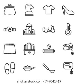 thin line icon set : purse, chess horse, t shirt, shoes, drawbridge, mansion, scooter shipping, thermometer, curtain, dresser, hanger, mixer, slippers, pan, ladle