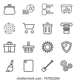 thin line icon set : purse, diagram, presentation, around gear, cart, bin, column, hi quality package, basket, sun, shield, broom, cutting board, shovel, gears