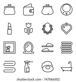 thin line icon set : purse, wallet, necklace, lipstick, perishable, hawaiian wreath, heart pendant, flower in window, mirror, slippers, towels, towel, sprayer, soap, bath
