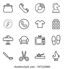 thin line icon set : purse, phone, circle diagram, chess horse, lightning, t shirt, arch window, restaurant, armchair, tv, slippers, ladle, scissors, soil cutter, fire