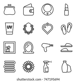 thin line icon set : purse, wallet, necklace, lipstick, uv cream, hawaiian wreath, heart pendant, flip flops, flower in window, mirror, hair dryer, slippers, towels, sprayer, shampoo