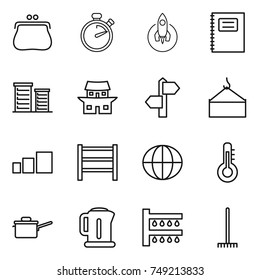 thin line icon set : purse, stopwatch, rocket, copybook, district, japanese house, signpost, loading crane, sorting, rack, globe, thermometer, saute pan, kettle, watering, rake