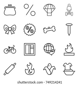 thin line icon set : purse, percent, parachute, hoverboard, bow, bone, nail, bike, window, delivery, flammable, rolling pin, fire, corn, handle washing