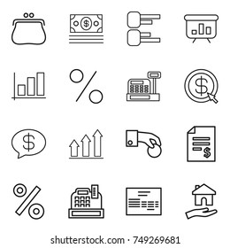 thin line icon set : purse, money, diagram, presentation, graph, percent, cashbox, dollar arrow, message, up, hand coin, account balance, invoice, housing