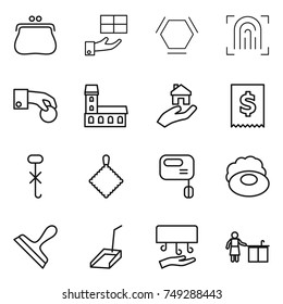 thin line icon set : purse, gift, hex molecule, fingerprint, hand coin, mansion, real estate, tax, do not hook sign, rag, mixer, soap, scraper, scoop, dryer, kitchen cleaning