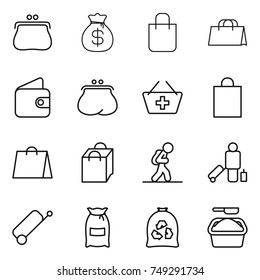 thin line icon set : purse, money bag, shopping, wallet, add to basket, tourist, passenger, suitcase, flour, garbage, washing powder
