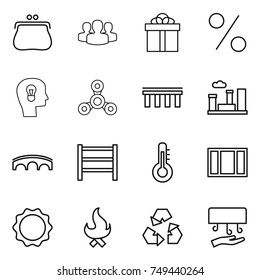 thin line icon set : purse, group, gift, percent, bulb head, spinner, bridge, city, rack, thermometer, window, induction oven, fire, recycling, hand dryer
