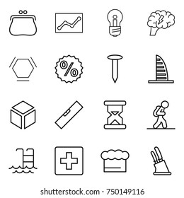 thin line icon set : purse, statistics, bulb, brain, hex molecule, percent, nail, skyscraper, 3d, level, sand clock, tourist, pool, first aid, chief hat, knife holder