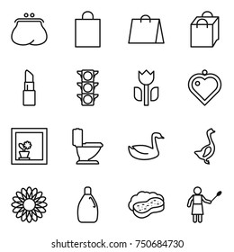 thin line icon set : purse, shopping bag, lipstick, traffic light, perishable, heart pendant, flower in window, toilet, goose, cleanser, sponge with foam, woman duster