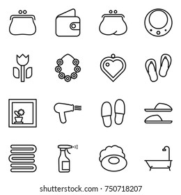 thin line icon set : purse, wallet, necklace, perishable, hawaiian wreath, heart pendant, flip flops, flower in window, hair dryer, slippers, towels, sprayer, soap, bath