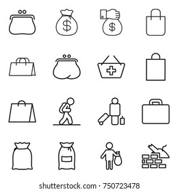 thin line icon set : purse, money bag, gift, shopping, add to basket, tourist, passenger, suitcase, flour, trash, construct garbage