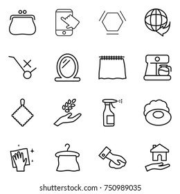 thin line icon set : purse, touch, hex molecule, delivery, do not trolley sign, mirror, curtain, coffee maker, rag, harvest, sprayer, soap, wiping, hanger, housing