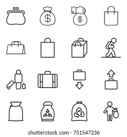 thin line icon set : purse, money bag, gift, shopping, tourist, passenger, suitcase, baggage get, flour, fertilizer, garbage, trash