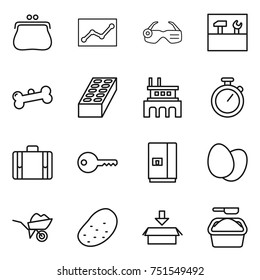 thin line icon set : purse, statistics, smart glasses, tools, bone, brick, factory, stopwatch, suitcase, key, fridge, eggs, wheelbarrow, potato, package, washing powder