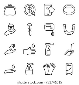 thin line icon set : purse, dollar arrow, touch, smart bracelet, real estate, do not hook sign, mixer, horseshoe, hand leaf, drop, sprayer, scoop, and, liquid soap, gloves, cleanser powder