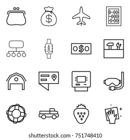 Thin Line Icon Set : Purse, Money Bag, Plane, Abacus, Structure, Smart Watch, Tools, Barn, Location Details, Atm, Diving Mask, Lifebuoy, Pickup, Strawberry, Wiping