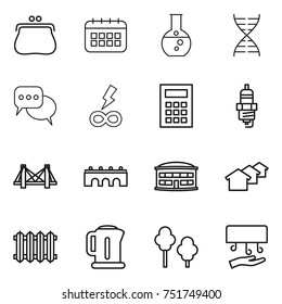 thin line icon set : purse, calendar, round flask, dna, discussion, infinity power, calculator, spark plug, bridge, airport building, houses, radiator, kettle, trees, hand dryer