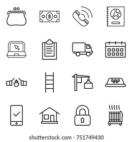 thin line icon set : purse, money, call, annual report, notebook, clipboard, delivery, calendar, drawbridge, stairs, loading, taxi, mobile checking, home, locked, radiator