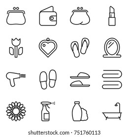 thin line icon set : purse, wallet, lipstick, perishable, heart pendant, flip flops, mirror, hair dryer, slippers, towel, flower, sprayer, shampoo, bath
