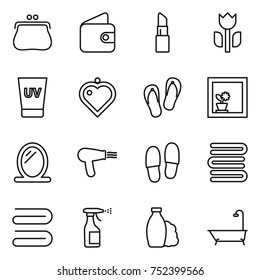 thin line icon set : purse, wallet, lipstick, perishable, uv cream, heart pendant, flip flops, flower in window, mirror, hair dryer, slippers, towels, towel, sprayer, shampoo, bath