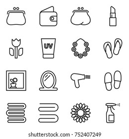 thin line icon set : purse, wallet, lipstick, perishable, uv cream, hawaiian wreath, flip flops, flower in window, mirror, hair dryer, slippers, towels, towel, sprayer